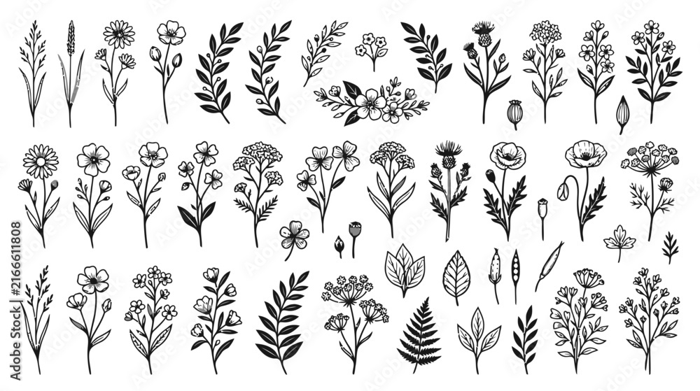 Fototapeta premium Hand-drawn botanical illustration collection, wild flora and herbs