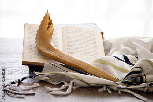 Konstfotografi Religion image of Shofar, Tallit and Torah religious symbols