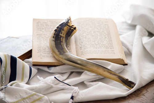 Bild auf Leinwand Religion image of Shofar, Tallit and Torah religious symbols