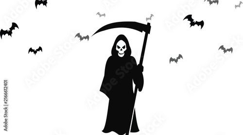 Fotografie Grim reaper silhouette holding scythe surrounded by flying bats isolated on whit