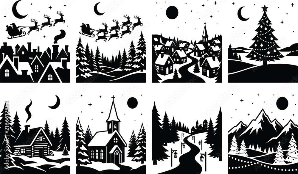 Naklejka premium Art & IllustrationChristmas winter night village silhouette set with flying Santa sleigh, pine trees, and starry sky