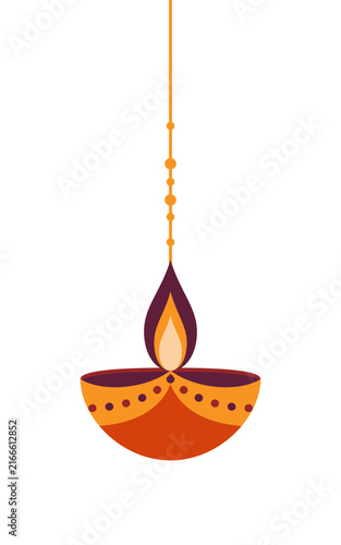 Vector hanging burning oil diya lamp with flame for Happy Diwali festival. Traditional Indian decoration element isolated on white background for banner, card or border design.