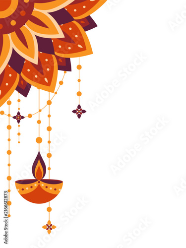 Vector corner border with mandala ornament hanging diya lamps and beads for Happy Diwali festival. Traditional Indian decoration element isolated on white background for banner or card design.