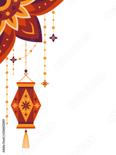 Vector corner border with mandala ornament hanging kandil lantern and beads for Happy Diwali festival. Traditional Indian decoration element isolated on white background for banner or card design.