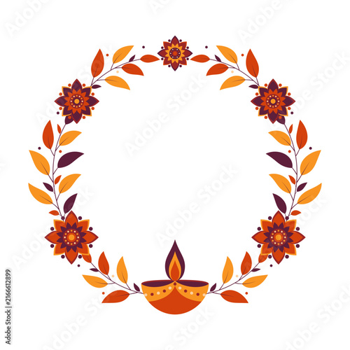 Vector round floral wreath frame with burning oil diya lamp, mandala flowers and leaves for Happy Diwali festival. Traditional Indian decoration element isolated on white for card or banner design.
