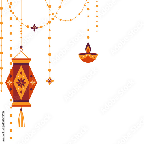 Vector hanging Indian decorations with kandil lanterns, oil diya lamps, and bead garlands for Happy Diwali festival. Isolated borders and elements on white background for banner or card design.