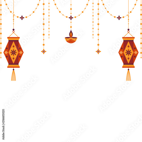 Vector hanging Indian decorations with kandil lanterns, oil diya lamps, and bead garlands for Happy Diwali festival. Isolated borders and elements on white background for banner or card design.