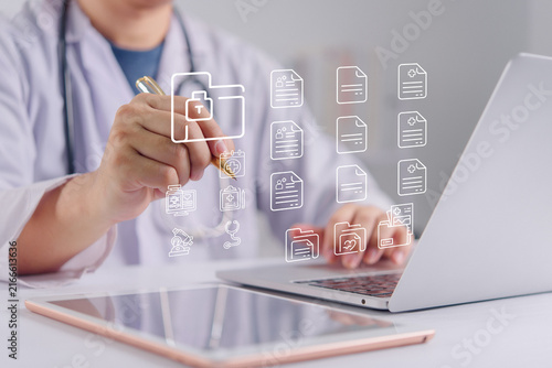 Healthcare Data Management Technology Concept With Digital Medical Records Interface And Secure Information System On Laptop For Modern Healthcare Workflow