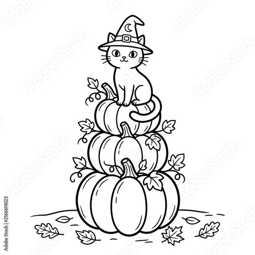 Cute cartoon cat in chef hat sitting on autumn pumpkins with mushrooms and leaves