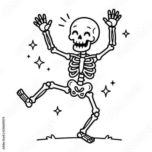 Dancing skeleton in joyful celebration with sparkles and energetic motion illustration