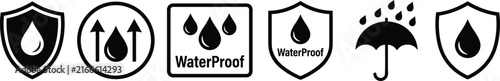 Set of waterproof, moisture resistant, and protection vector badge icons