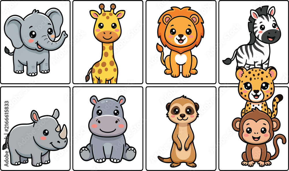 Obraz premium Cute Kawaii Safari Animal Flashcard Vector Set Featuring Baby Elephant, Giraffe, Lion, Zebra, Rhinoceros, Hippopotamus, Meerkat, Cheetah, and Monkey