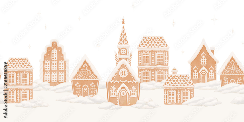 Fototapeta premium Christmas Winter Village with Church and Snowy Gingerbread Houses, Vector Rural Holiday Landscape