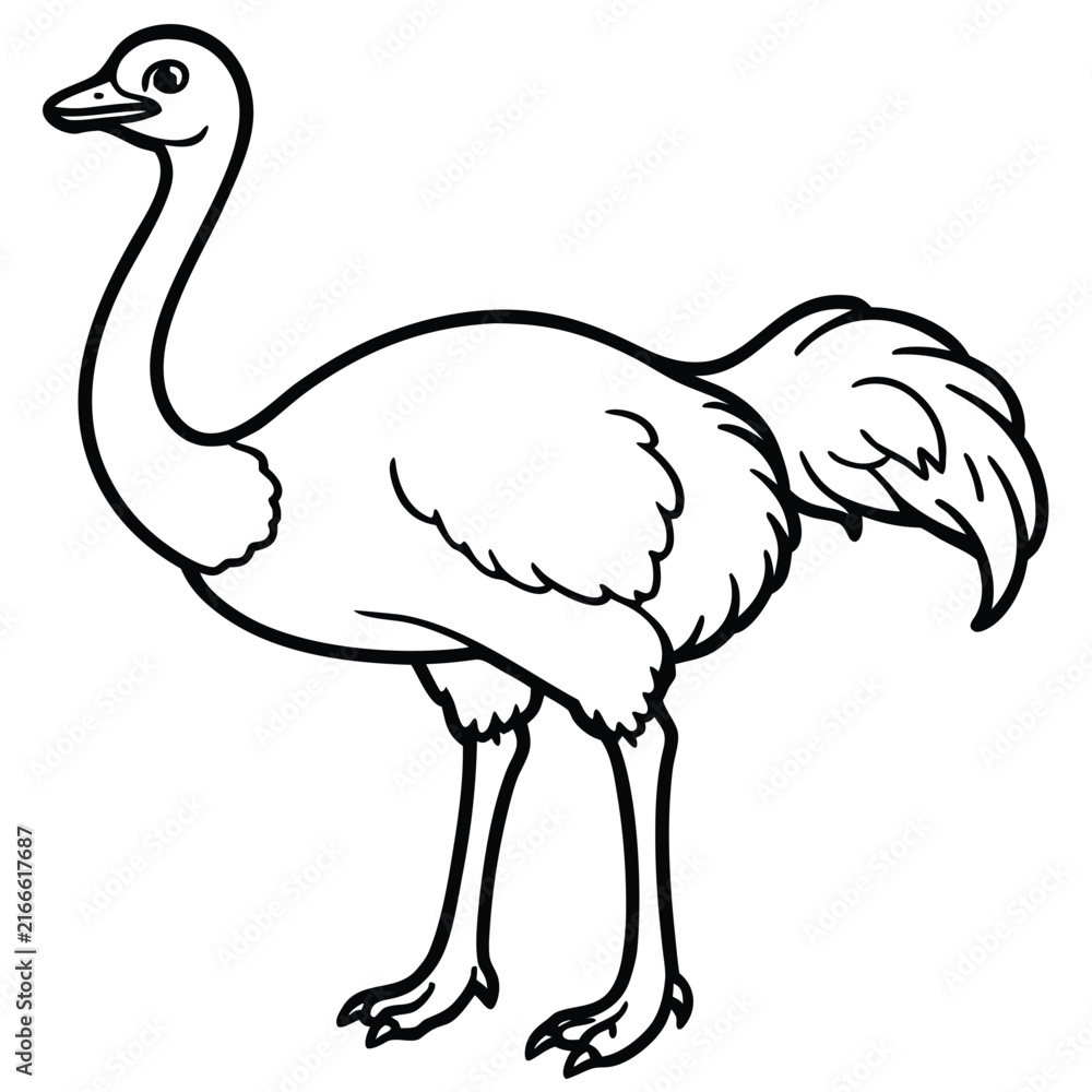 Naklejka premium Sketch of an ostrich walking with detailed feathers and long legs in black ink drawing