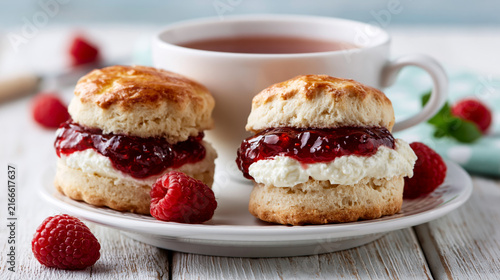 Fresh scones with clotted cream and raspberry jam served with tea on a rustic plate