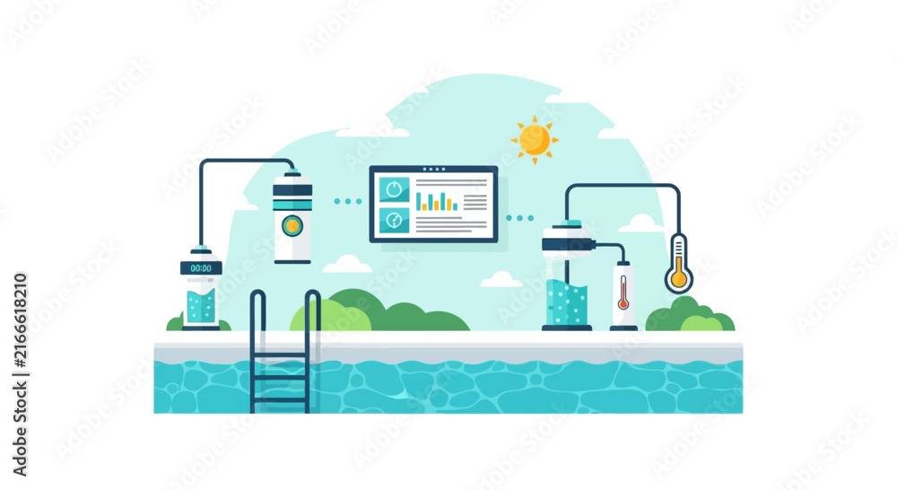 Obraz premium Smart Swimming Pool Maintenance System with Digital Monitoring Dashboard and Automated Sensors Flat Vector Illustration