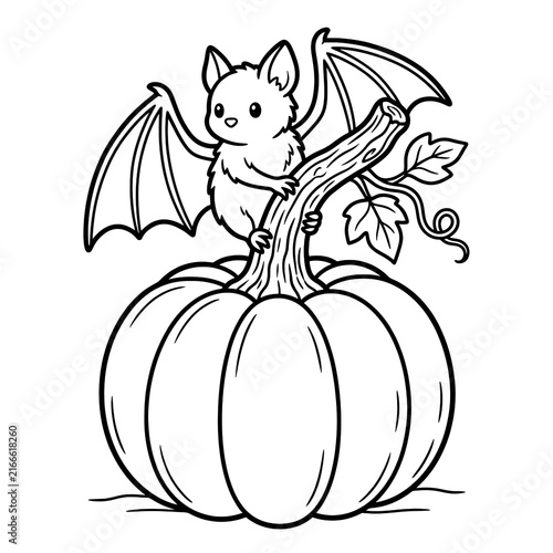 Cute cartoon bat sitting on large white pumpkin for Halloween decoration and spooky theme