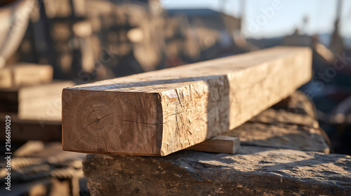 A single hand hewn keel timber resting in early morning mist above a boatyard dry dock, dew clinging to fresh timber grain, yacht construction detail, naval carpentry,