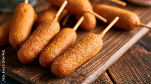 Golden corn dogs on wooden skewers arranged on rustic cutting board, fried snack close-up