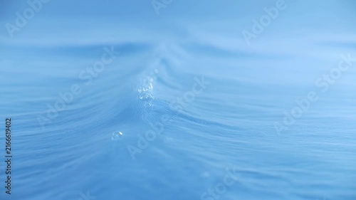 Gentle Blue Water Surface with Subtle Ripples and Tiny Bubbles, Close-Up Macro Shot of Calm Water Movement, Serene and Pure Liquid Texture