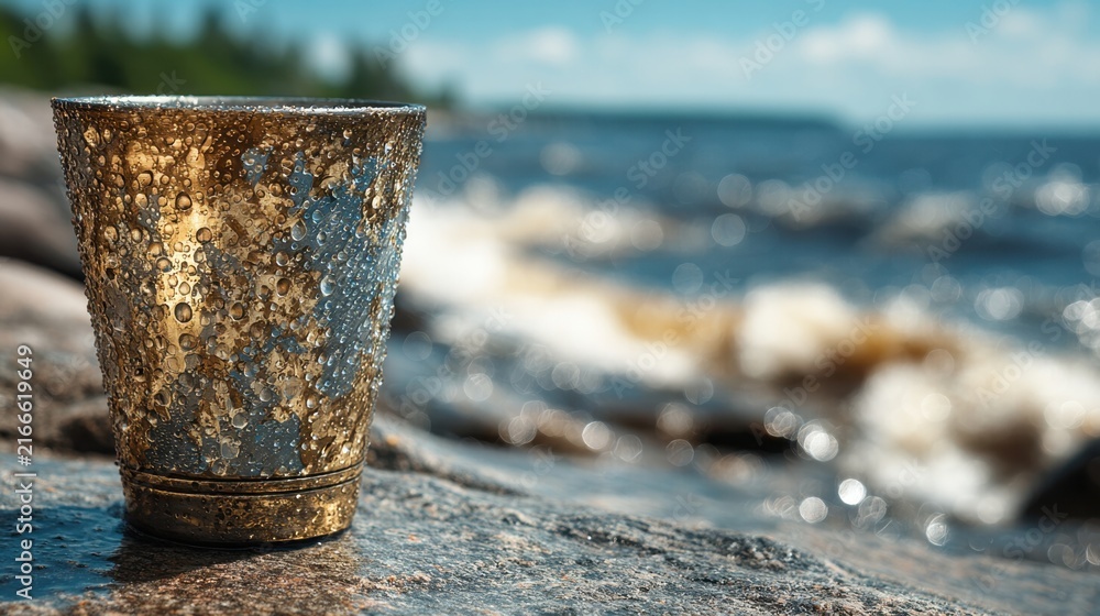 Fototapeta premium Refreshing Cold Metal Tumbler with Water Droplets on a Sunny Rocky Shoreline with Crashing Waves