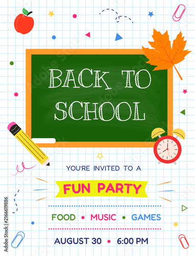 Back to School party invitation with a green chalkboard, autumn maple leaf, apple, pencil, alarm clock, and colorful elements. Flat vector illustration
