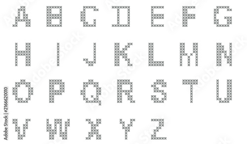 Grey Cross Stitch Alphabet Pattern Complete English Capital Letters A to Z Pixel Art Font Isolated on White Background for DIY Craft Embroidery Project