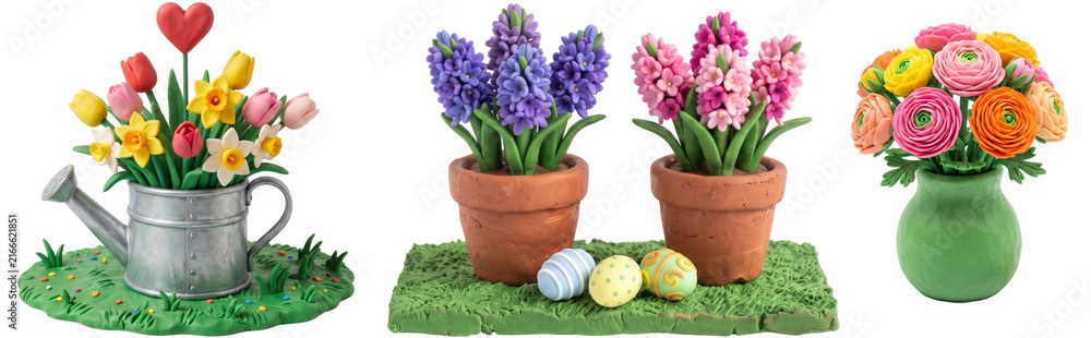 Obraz premium Clay Spring Flower Arrangements with Easter Eggs. Illustration
