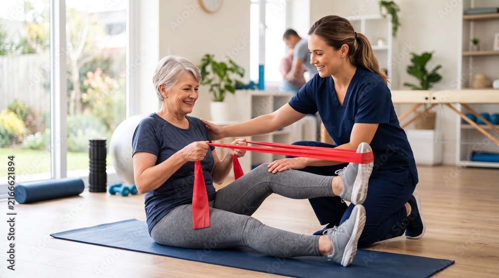 Fototapeta premium Physical therapist assisting senior woman with resistance band leg exercise