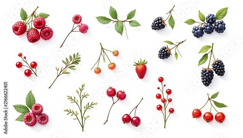 Collection of fresh ripe berries like raspberries and blackberries with green leaves set