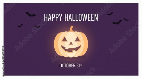 Halloween pumpkin jack-o-lantern glowing with spooky bats and festive greeting banner