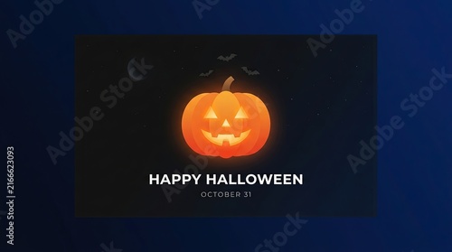Halloween pumpkin jack-o-lantern glowing with spooky light on dark festive background