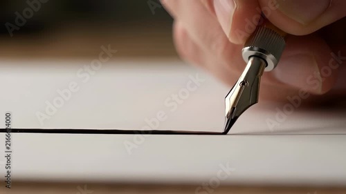 Close-up of a hand holding a fountain pen, drawing a straight black line on white paper, creating art or writing, focus on pen nib and hand