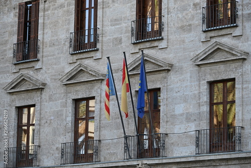 Valencian, Spanish and EU Flags on Historic Government Building Facade