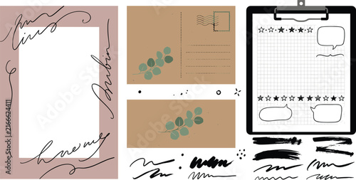 Vintage Stationery and Journaling Vector Set Featuring Kraft Paper Postcard Business Card Clipboard Checklist Blank Frame and Scribble Brush Strokes