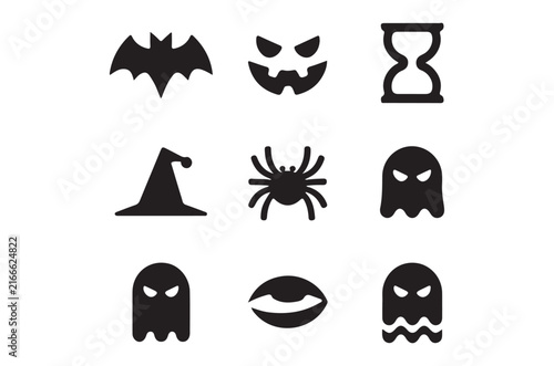 Halloween Silhouette Icons Bat Pumpkin Hourglass Witch Hat Spider And Ghosts