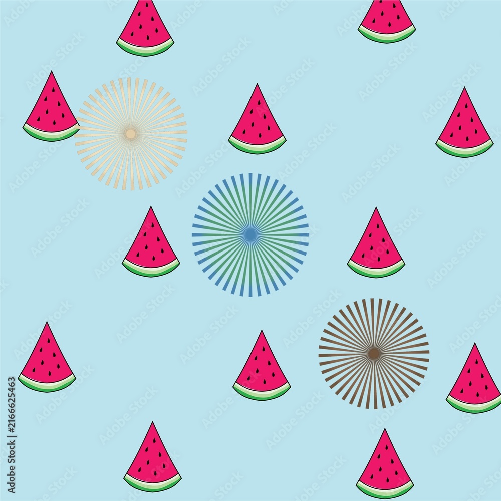 Seamless watermelon fruit pattern with abstract radial starburst on light blue background