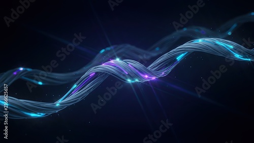Twisted cables glowing with energy pulses move across a dark cosmic background.