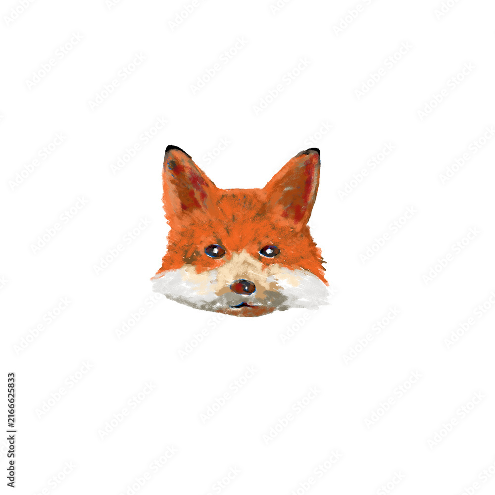 Naklejka premium A cute, stylized fox head hand-drawn with colored pencils. A wolf, coyote, or hyena, hand-painted with oil pastels, with texture, perfect for greeting cards, nursery posters, invitations, and stickers