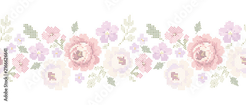 Vintage Cross Stitch Rose Border, Floral Embroidery Pattern for Textile and Fabric Print