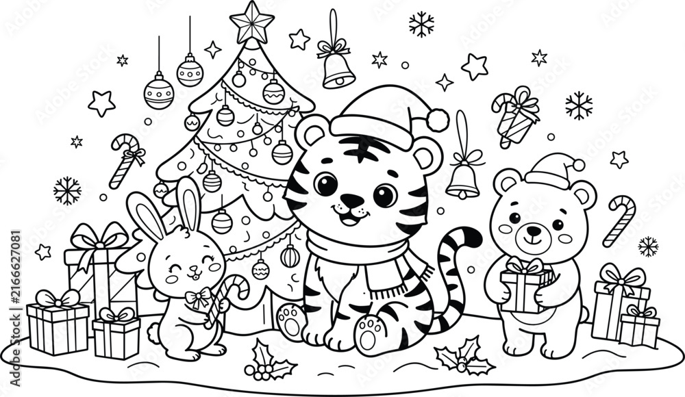 Naklejka premium Cute Christmas animals coloring page tiger bear bunny with tree gifts holiday winter cartoon outline illustration isolated on white background