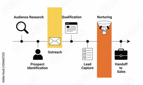 Minimalist sales journey timeline showing prospect identification outreach and lead capture steps.