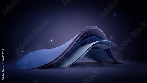 Layered abstract waves curve dynamically over a dark background with light particles.
