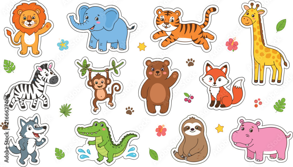 Naklejka premium Cute Jungle Safari Animals Cartoon Set Lion Elephant Giraffe Tiger Monkey Characters Hand Drawn Kids Collection