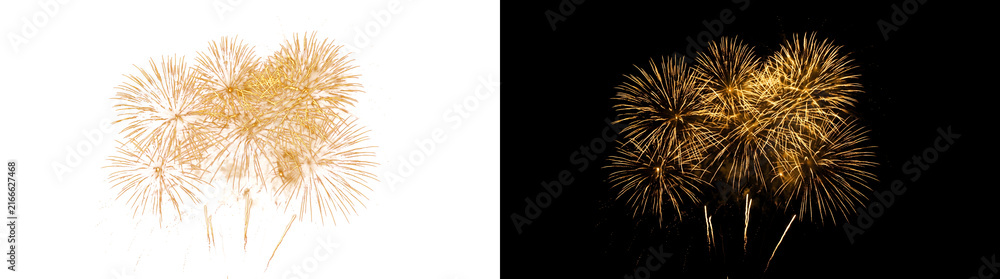 Fototapeta premium Gold fireworks burst explosion with sparkling trails and luminous sparks for holiday celebration overlays with PNG, Transparent and Black Background Versions