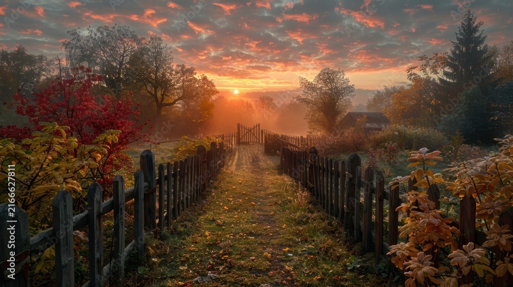 Obraz premium Country garden with wooden fence and morning mist