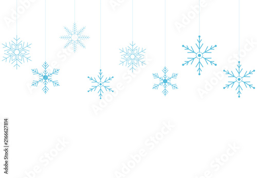 Vector illustration of hanging blue snowflakes arranged across a clean white winter banner background