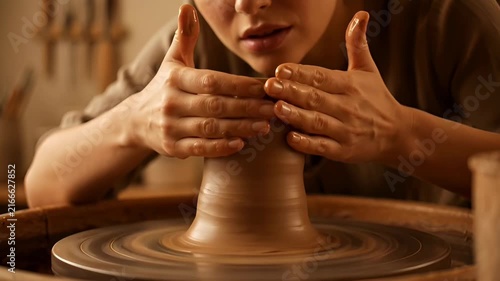 Close-up of a young woman intently shaping clay on a potter's wheel, her hands covered in mud as she forms a vase. Natural light illuminates the pottery studio.