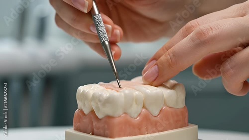 Close-up of a dental technician working on a prosthetic tooth model with a tool, demonstrating dental restoration and prosthetics.