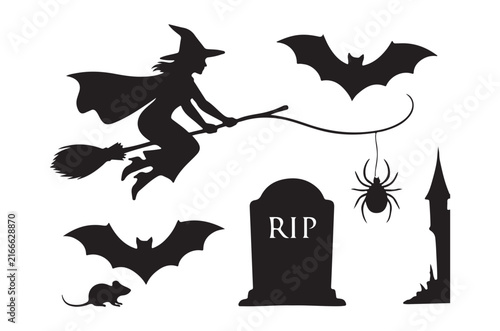 Halloween Silhouette Collection Featuring Witch Bats Tombstone And Spider